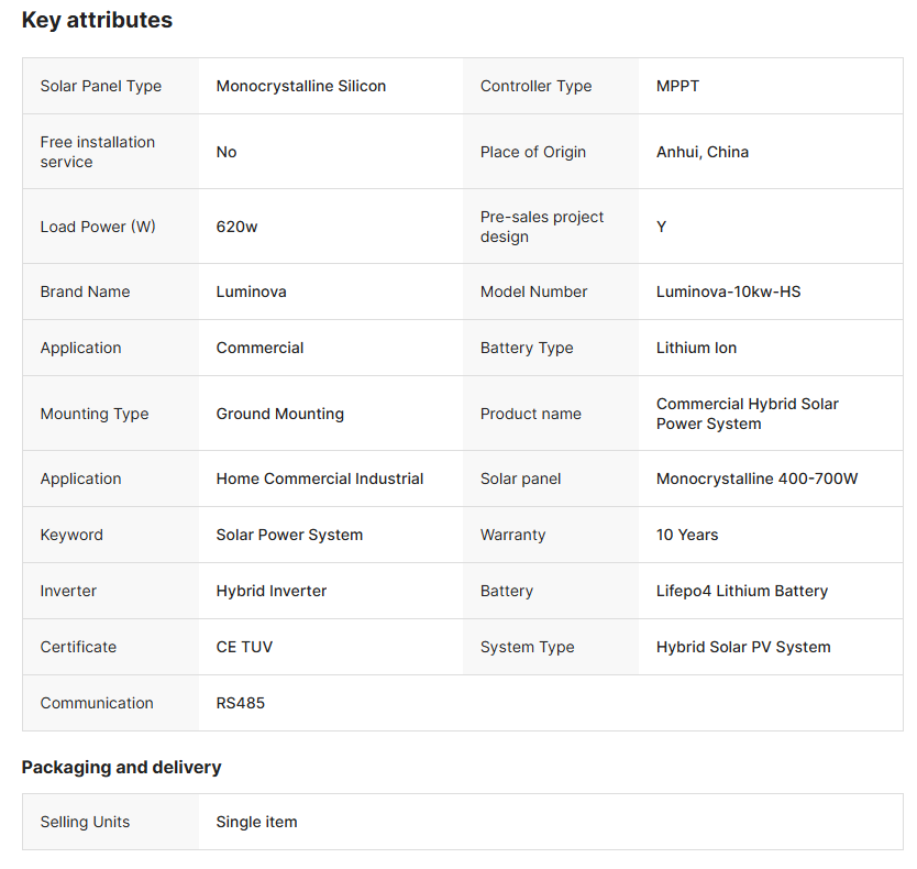 LuminovaSolar New Complete Set Solar Energy System 10KW Hybrid  Grid Solar Power Systems for Home Use